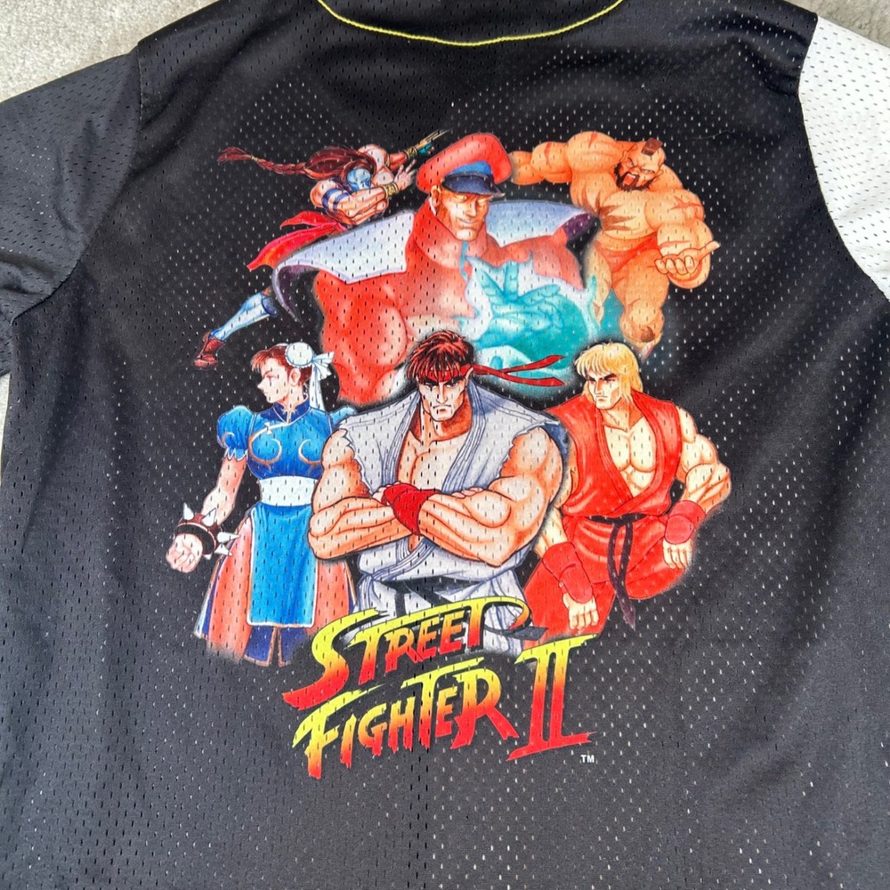 Street Fighter II Baseball Jersey Mens Medium Black White Graphic Mesh Button Up - Picture 4 of 13